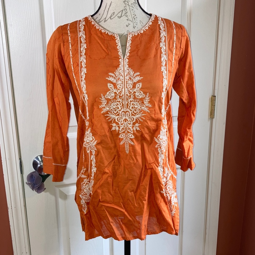 Cotton Lightweight Embroidered Floral Ethnic Tunic Top sz XS by Limelight